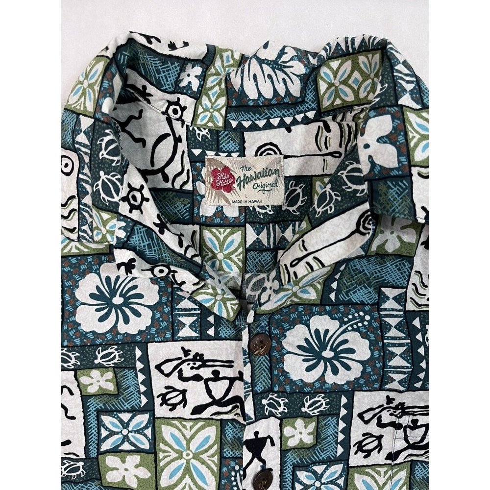 Hilo Hattie Hawaiian Shirt Mens Large Flowers Geometric Cave Style Stick Figure